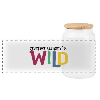 Jetzt wird´s wild - Panorama Keksdose mit Holzdeckel - Weiß - Vorne