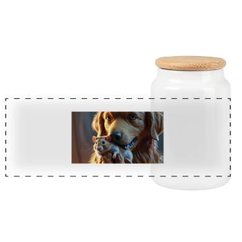 Relaxed dog with hamster friendship - Panoramic Cookie Jar with Wooden Lid - white - Front