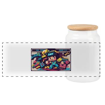 Voxel Gaming Hero with Retro Design - Panoramic Cookie Jar with Wooden Lid - white - Front