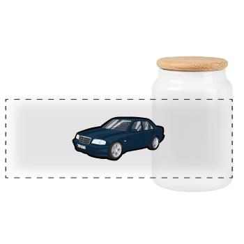 Blue Vintage Car Cartoon Car - Panoramic Cookie Jar with Wooden Lid - white - Front