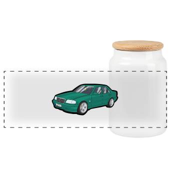 Türkises Retro-Coupé Cartoon-Design - Panorama Keksdose mit Holzdeckel - Weiß - Vorne