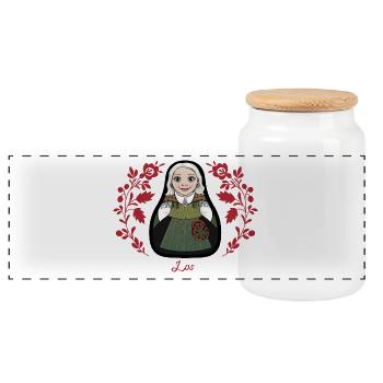 Loose tint with flowers. - Panoramic Cookie Jar with Wooden Lid - white - Front