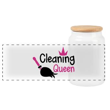 cleaning queen with a broom and a royal crown - Panoramic Cookie Jar with Wooden Lid - white - Front