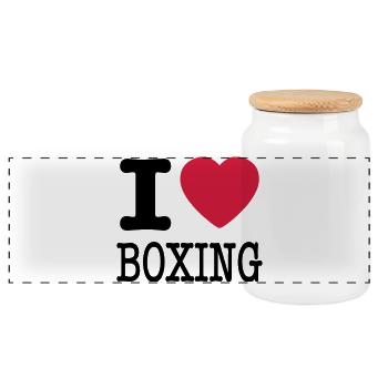 ich liebe Boxen / Ich liebe Boxen - Panorama Keksdose mit Holzdeckel - Weiß - Vorne