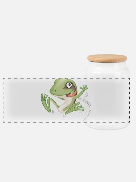 hüpfender Frosch - Panorama Keksdose mit Holzdeckel - Weiß