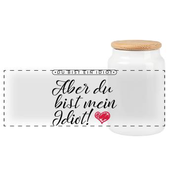 LIEBE / VALENTINSTAG: Mein Idiot - Panorama Keksdose mit Holzdeckel - Weiß - Vorne