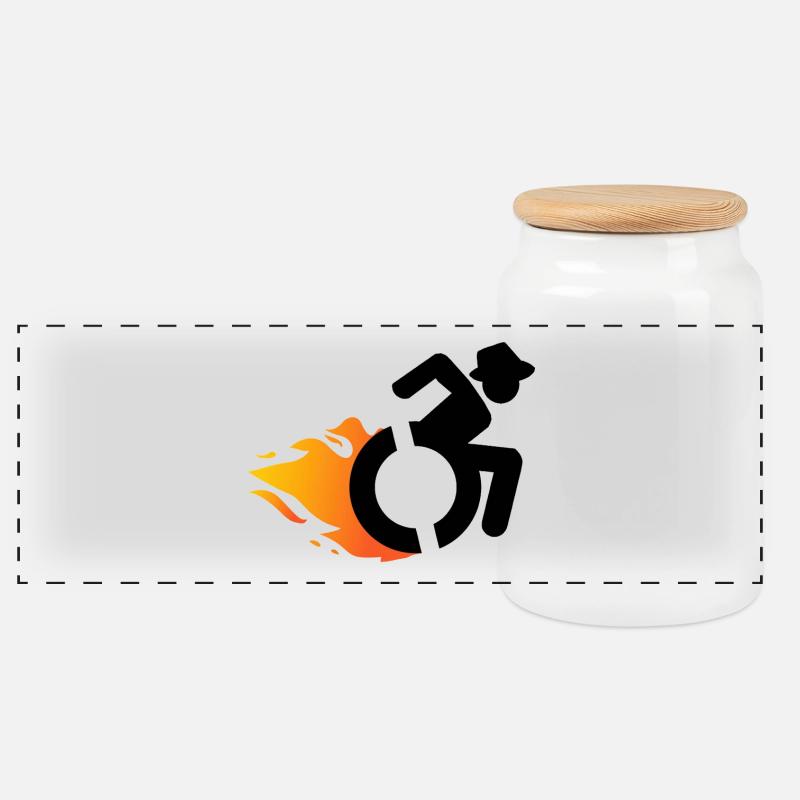 Rollstuhlfahrer mit Hut und Flammen # - Panorama Keksdose mit Holzdeckel - Weiß