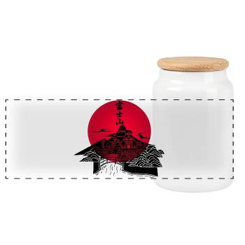 Black Japanese landscape and red sun - Panoramic Cookie Jar with Wooden Lid - white - Front