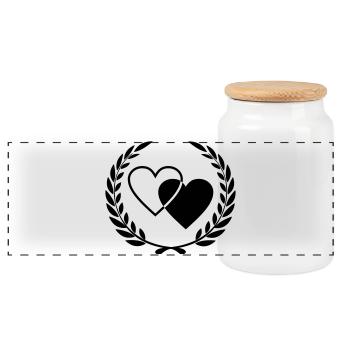 Two hearts with wreath - Panoramic Cookie Jar with Wooden Lid - white - Front