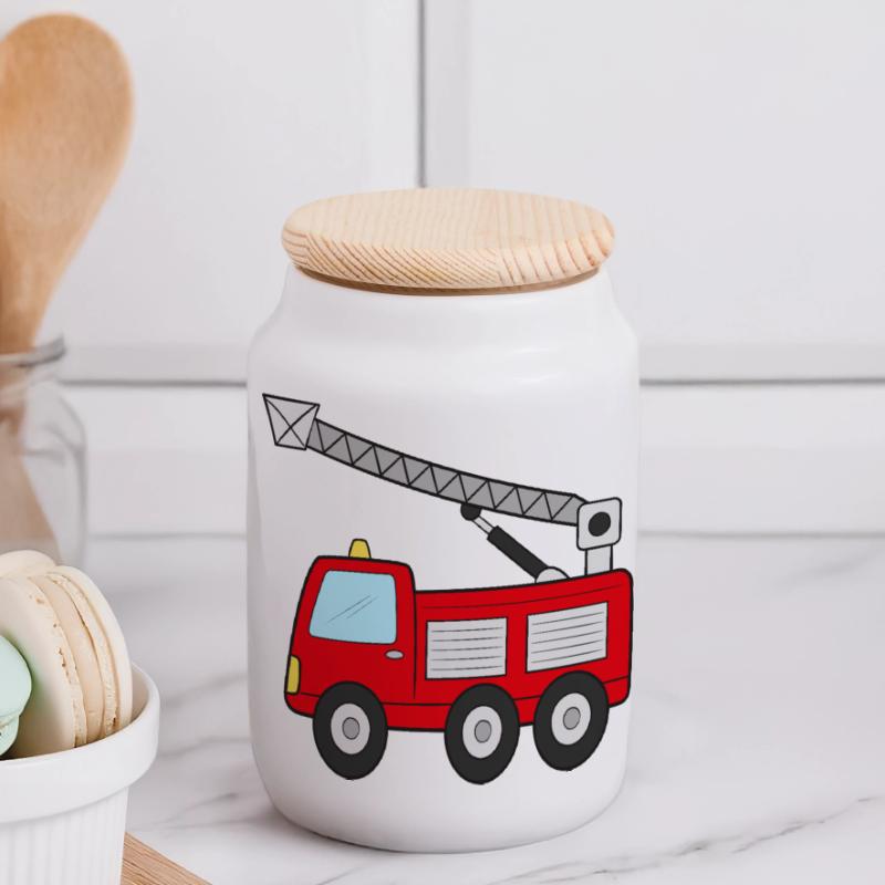 Fire engine Fire engine Panoramic Cookie Jar with Wooden Lid