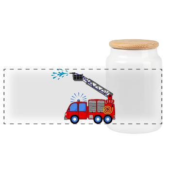 Fire engine with ladder and water children - Panoramic Cookie Jar with Wooden Lid - white - Front