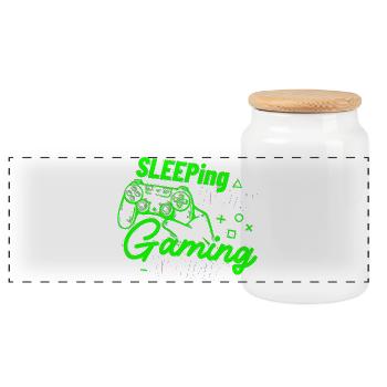 Sleeping By Day Gaming By Night - Panoramic Cookie Jar with Wooden Lid - white - Front