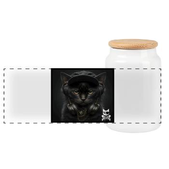 Katzen DJ mit Kopfhörern - Panorama Keksdose mit Holzdeckel - Weiß - Vorne