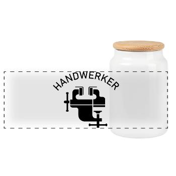Handwerker Symbol Schraubstock Symbol icon Team - Panorama Keksdose mit Holzdeckel - Weiß - Vorne