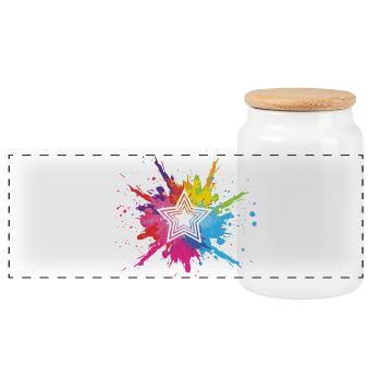 White star and multicolored explosion - Panoramic Cookie Jar with Wooden Lid - white - Front