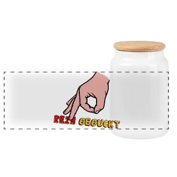 Comic-Hand Zeigefinger mit Retro Text - Panorama Keksdose mit Holzdeckel - Weiß - Vorne