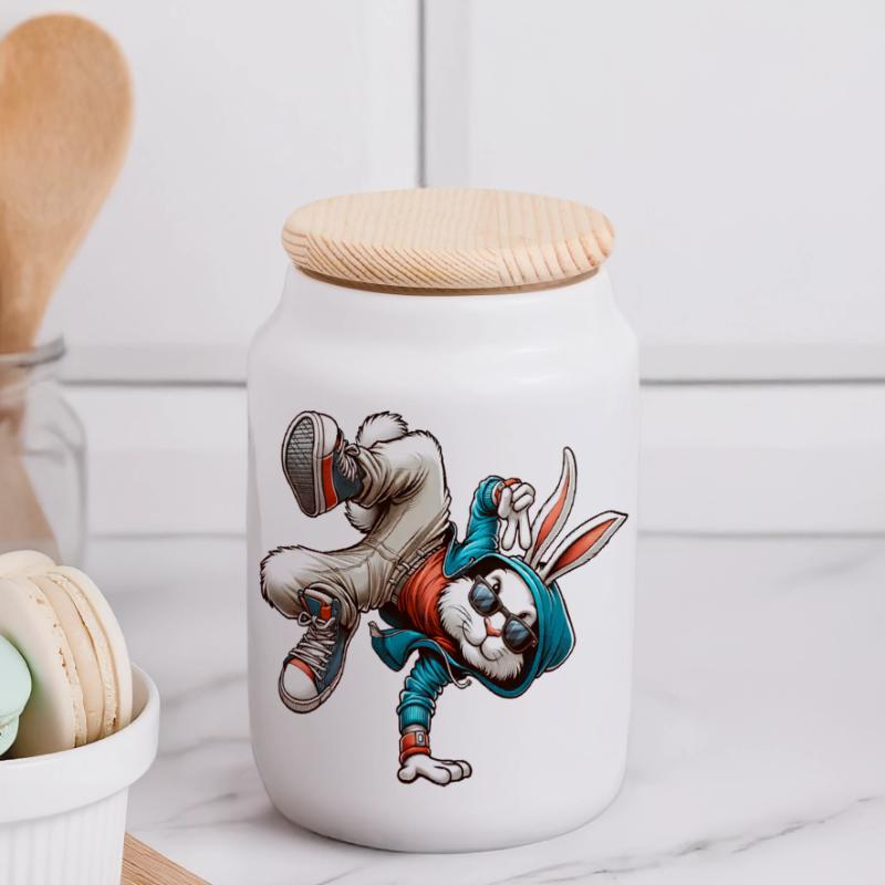 Easter Easter Bunny Dancing Breakdance Panoramic Cookie Jar with Wooden Lid