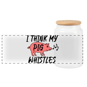 I think my pig whistles - Panoramic Cookie Jar with Wooden Lid - white - Front
