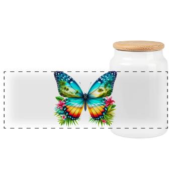 Butterfly - Panoramic Cookie Jar with Wooden Lid - white - Front