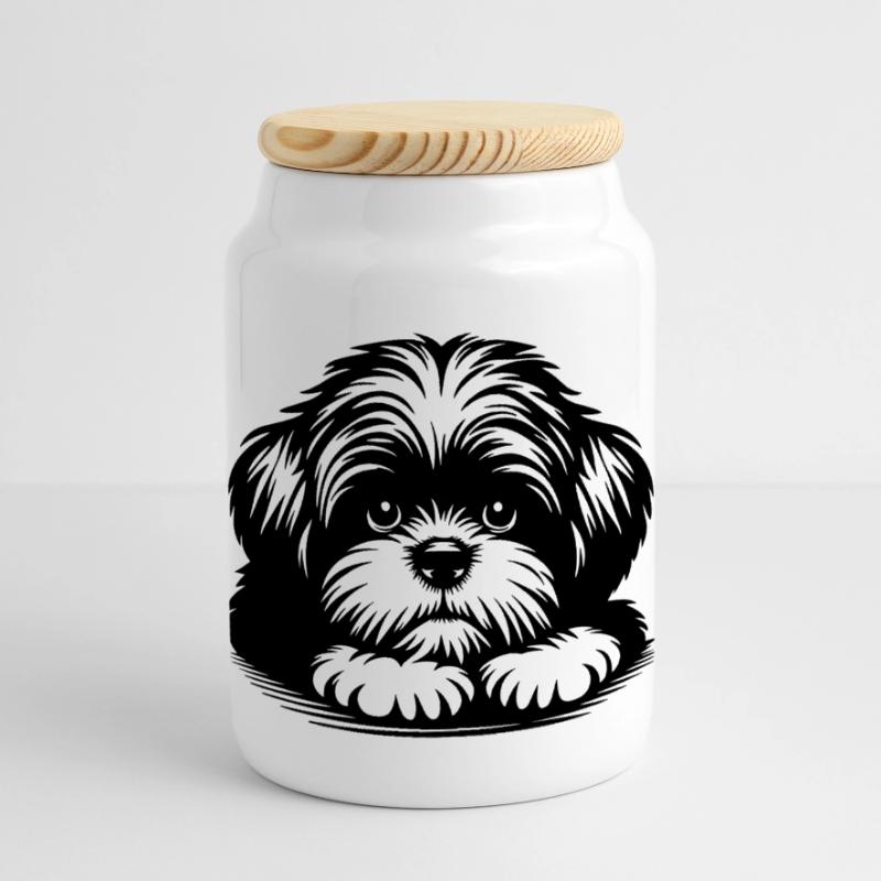 Shih Tzu Head with Paws Panoramic Cookie Jar with Wooden Lid