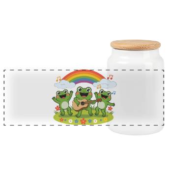 Froschband unter dem Regenbogen - Panorama Keksdose mit Holzdeckel - Weiß - Vorne