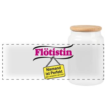 Flötistin Pink – Niemand ist Perfekt - Panorama Keksdose mit Holzdeckel - Weiß - Vorne