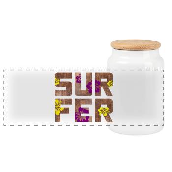 Surfer Wood Hawaii Bint Hibiscus Blossom Surfing Camp - Panoramic Cookie Jar with Wooden Lid - white - Front