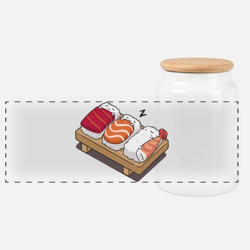 sushi sleeping - Panoramic Cookie Jar with Wooden Lid - white