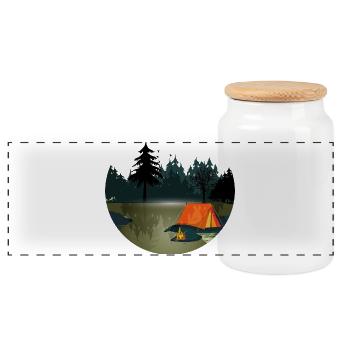 Zelt und Lagerfeuer im dunklen Wald - Panorama Keksdose mit Holzdeckel - Weiß - Vorne