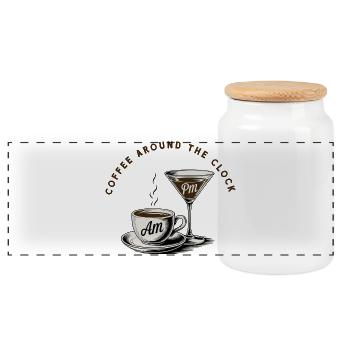 Kaffeepause, Coffee around the clock - Panorama Keksdose mit Holzdeckel - Weiß - Vorne