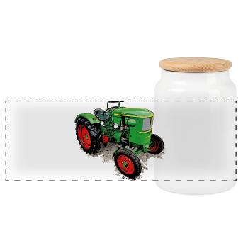 Legendärer Traktor Klassiker - Panorama Keksdose mit Holzdeckel - Weiß - Vorne