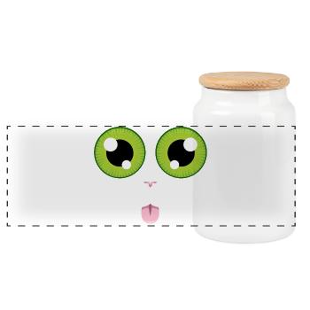 Cat sticks out its tongue - Panoramic Cookie Jar with Wooden Lid - white - Front