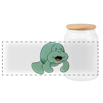 Pastel Manatee Cheerful Sea Friend - Panoramic Cookie Jar with Wooden Lid - white - Front