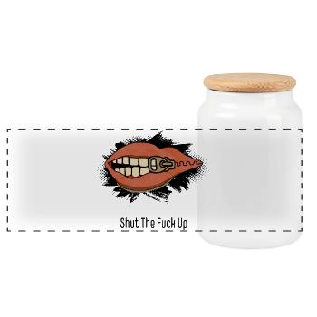 Shut The F*** Up – Pop Art Lips mit Reißverschluss - Panorama Keksdose mit Holzdeckel - Weiß - Vorne