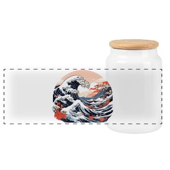 Great Wave of Kanagawa - Panoramic Cookie Jar with Wooden Lid - white - Front