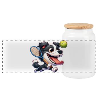 Tennis Dog with Racket and Ball Action - Panoramic Cookie Jar with Wooden Lid - white - Front