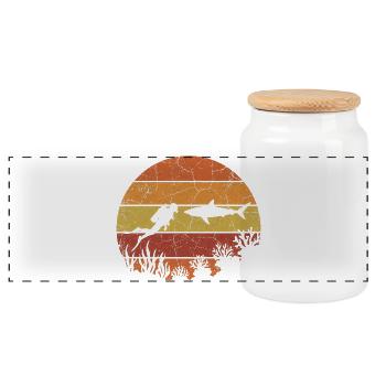 Plongeur et requin avec un coucher de soleil rétro - Boîte à biscuits avec couvercle en bois - blanc - Devant