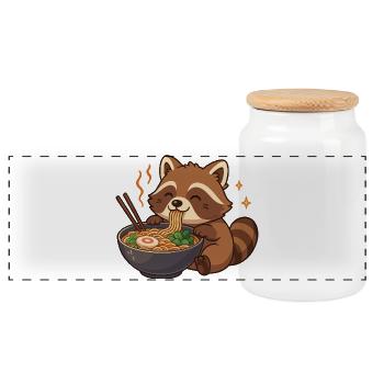 Raccoon with noodles Ramen kawaii raccoon - Panoramic Cookie Jar with Wooden Lid - white - Front