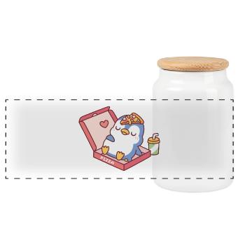 Mignon manchot bleu rassasié après avoir mangé de la pizza drôle - Boîte à biscuits avec couvercle en bois - blanc - Devant