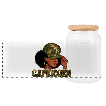Capricorn Queen – Camo Afro Girl Vibes - Panoramic Cookie Jar with Wooden Lid - white - Front