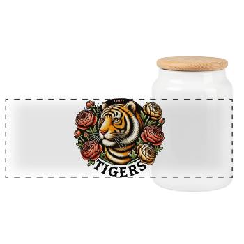 Floral Tiger Crest Vintage-Tattoo 1987 - Panorama Keksdose mit Holzdeckel - Weiß - Vorne