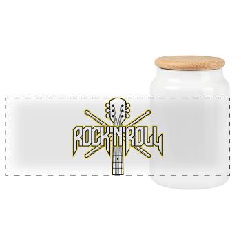 Rocknroll-Gitarre und Drumsticks-Emblem - Panorama Keksdose mit Holzdeckel - Weiß - Vorne