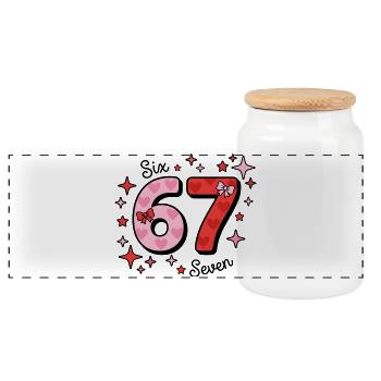 Six Seven Design - Pink + Red with Stars + Hearts - Panoramic Cookie Jar with Wooden Lid - white - Front
