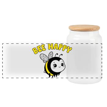 Bee Happy – Cute Cartoon Bee in Yellow Black - Panoramic Cookie Jar with Wooden Lid - white - Front