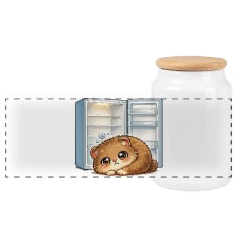 Kleine Katze vor offenem Kühlschrank - Panorama Keksdose mit Holzdeckel - Weiß - Vorne