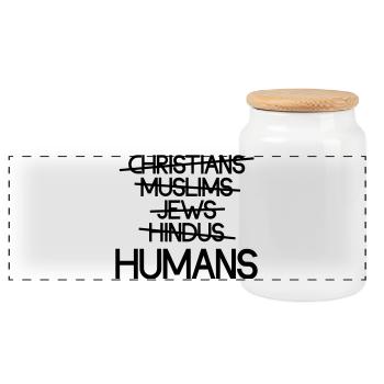Menschen über Religion – Botschaft - Panorama Keksdose mit Holzdeckel - Weiß - Vorne