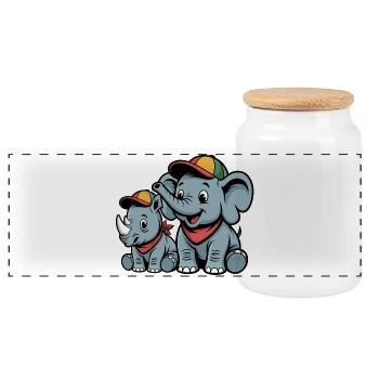 Cute Elephant and Rhinoceros – Cute Animal Friends - Panoramic Cookie Jar with Wooden Lid - white - Front