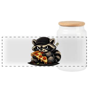 Pizza raccoon with hat - Panoramic Cookie Jar with Wooden Lid - white - Front