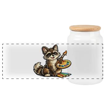 Little Painting Raccoon - Panoramic Cookie Jar with Wooden Lid - white - Front