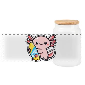Kawaii Axolotl with Surfboard - Panoramic Cookie Jar with Wooden Lid - white - Front